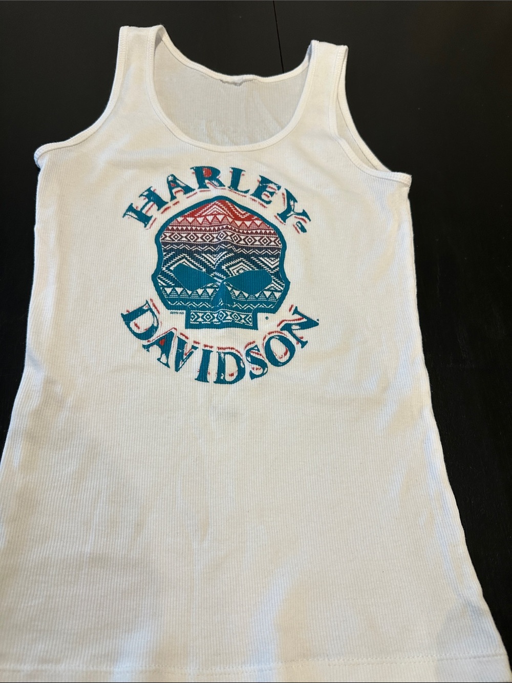 Harley-Davidson White Tank with Teal and Coral Aztec Skull